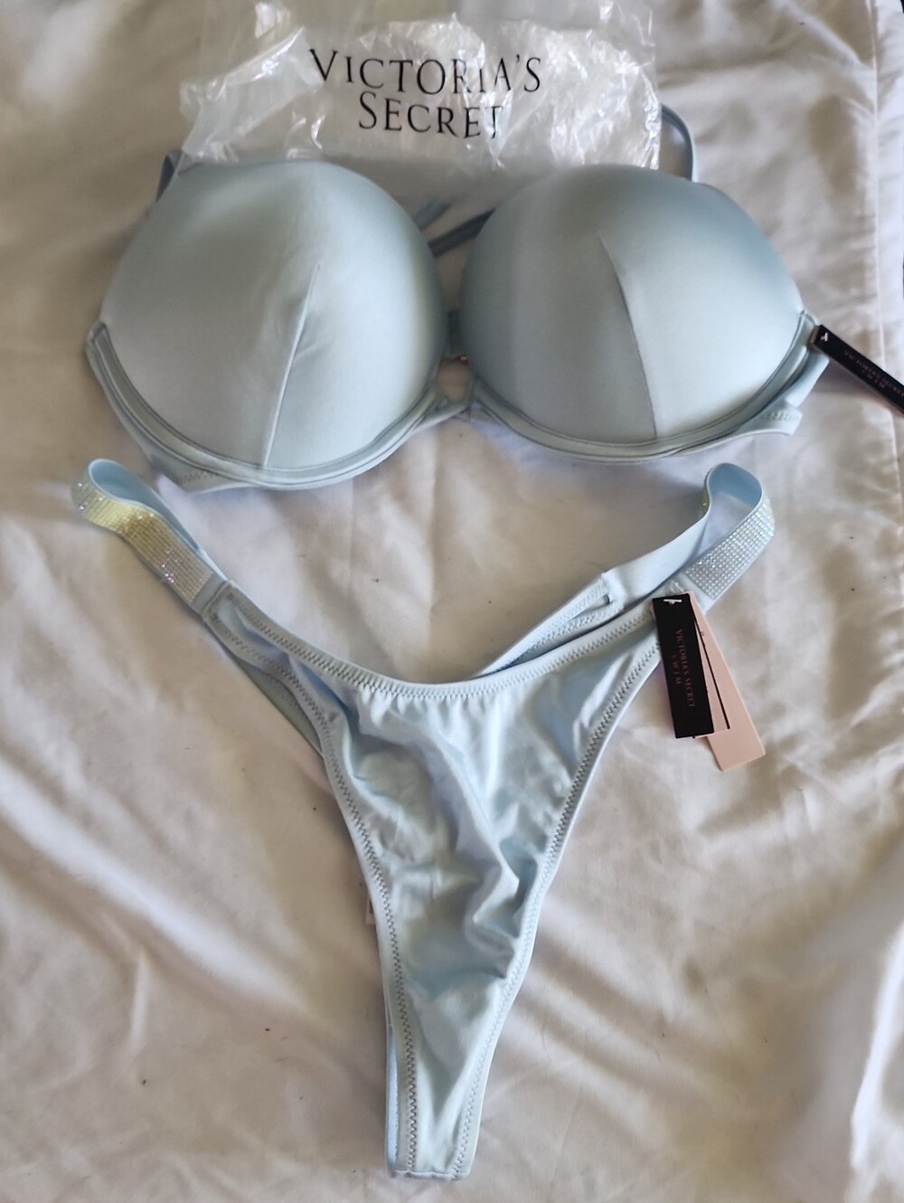 Victoria's Secret Shine Strap Bikini Set Light Blue NWT Top 36C Bottoms Large